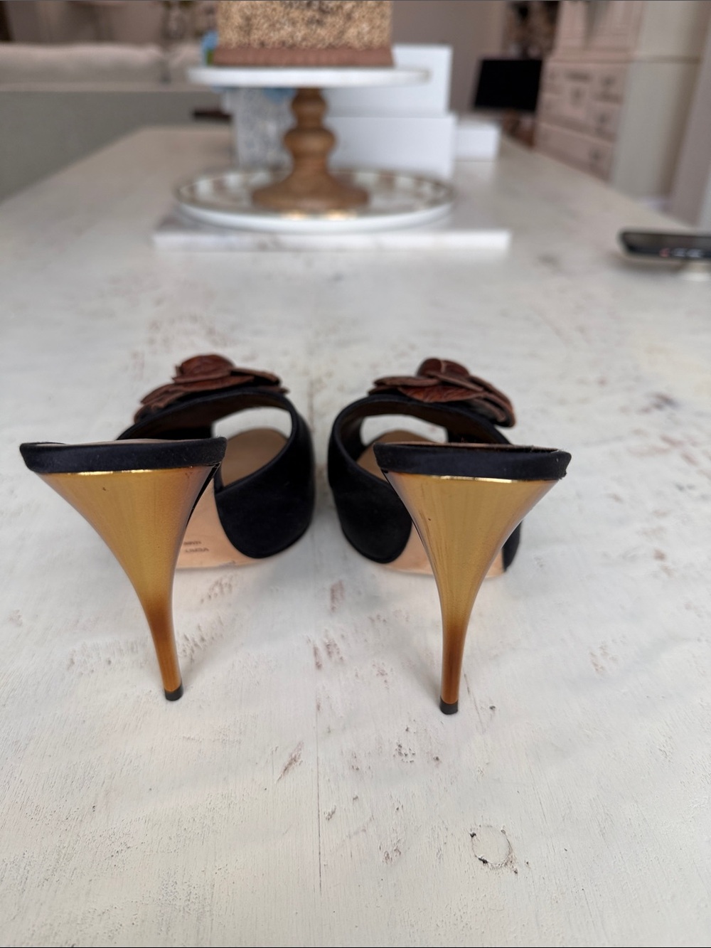 Giuseppe Zanotti Black Slide Mules with Brown Leather Flower Appliqués - Picture 3 of 4
